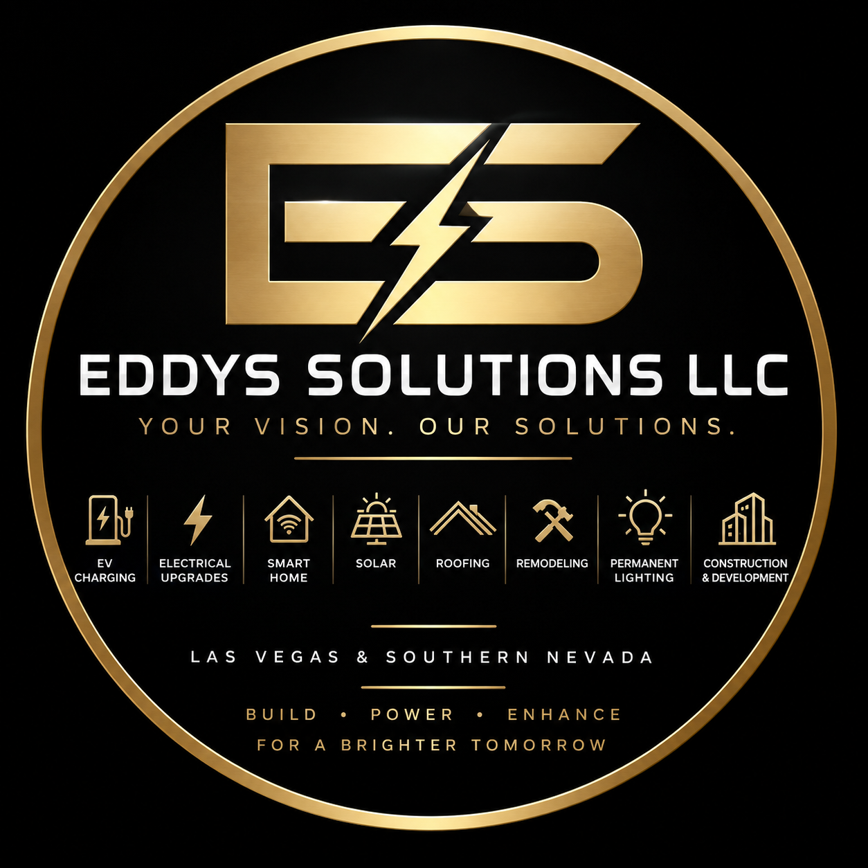 Eddys Solutions ES emblem with Electrical, Roofing, Permanent Lighting and other service icons