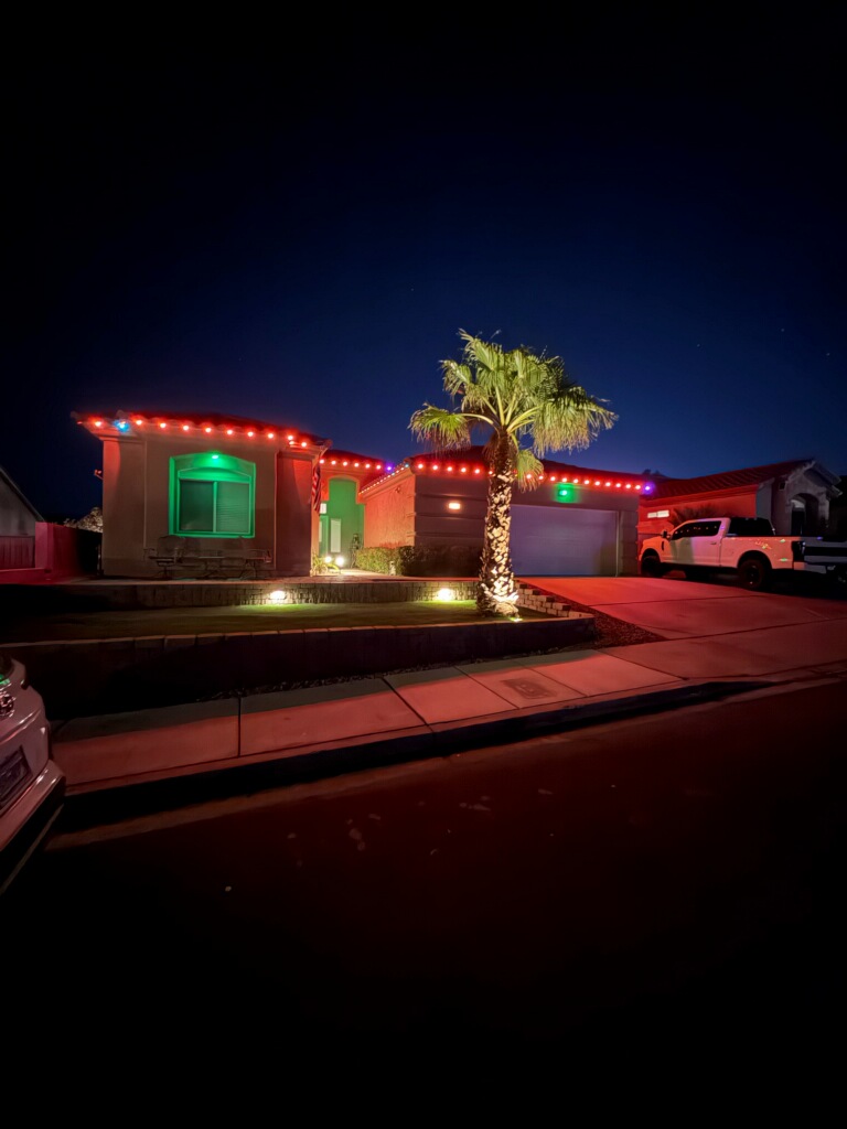 Red and green Christmas lighting on a real Eddys Solutions installation